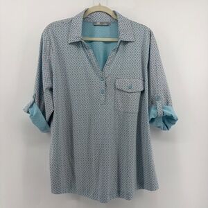 Lee Riders Womens Blue Geometric Print Roll Tab Sleeve Collared Shirt Tunic 1X